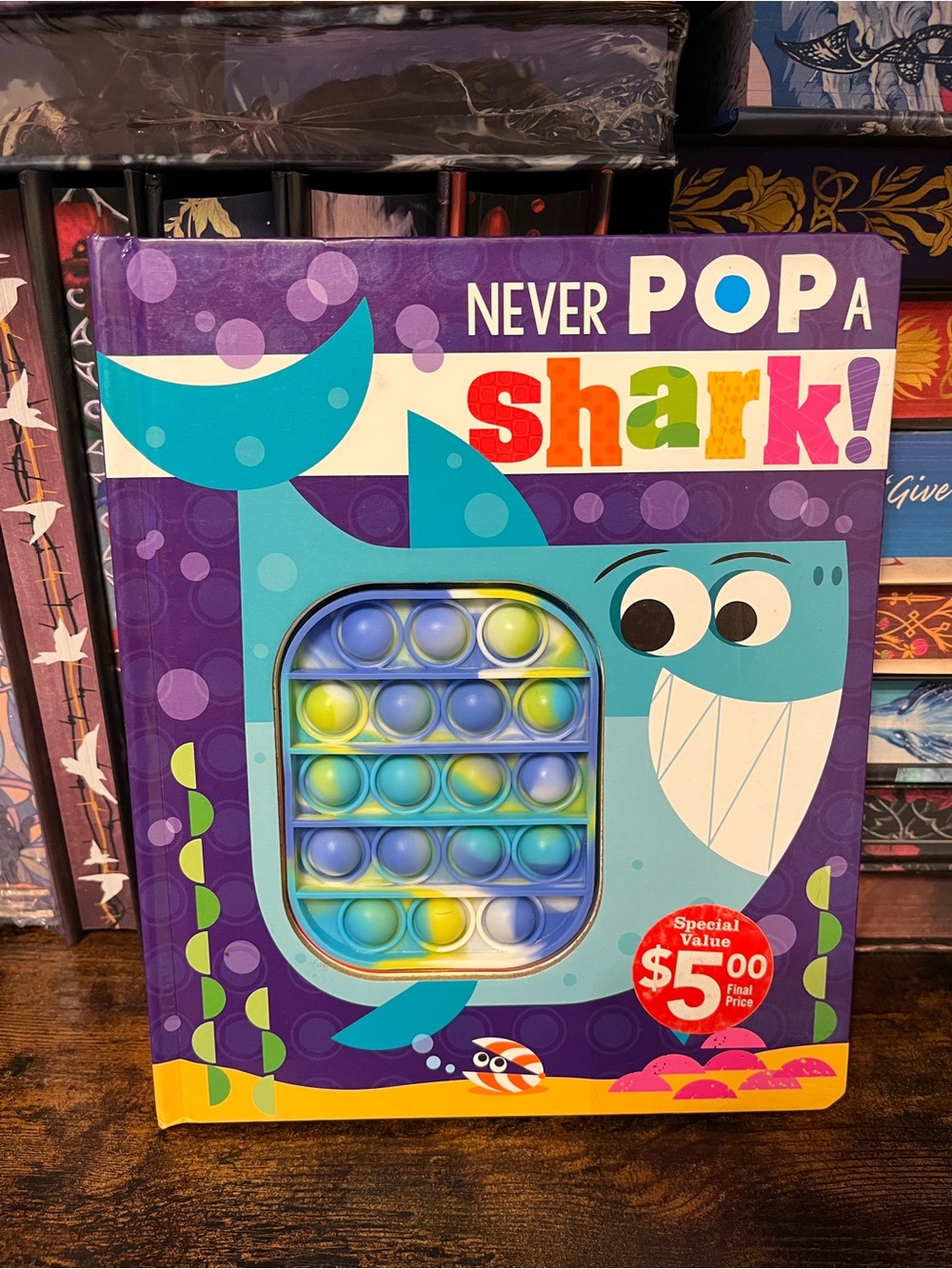 Never Pop a Shark! Kids Push Pop Bubble Toy Board Book- Blue/Yellow/Green